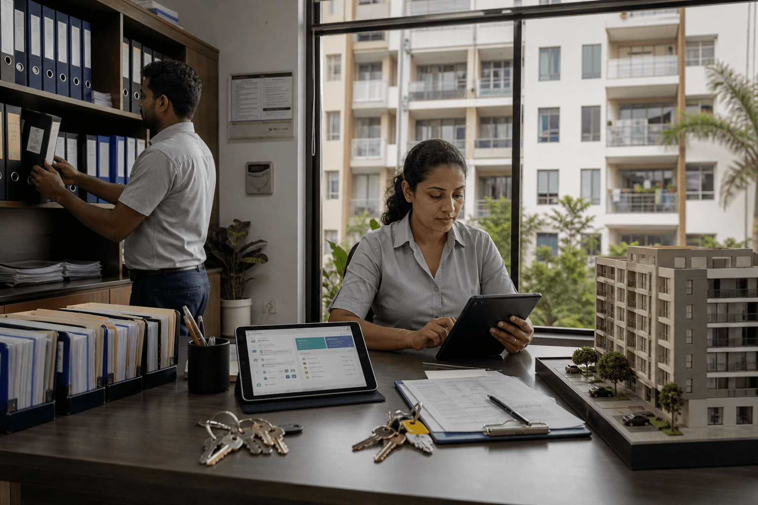 Apartment management office handling billing and maintenance