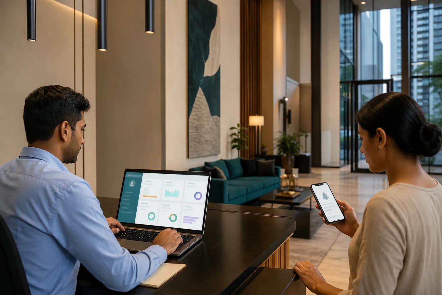 Sri Lankan apartment manager reviewing rent reminders digital payment collections and tenant ledgers