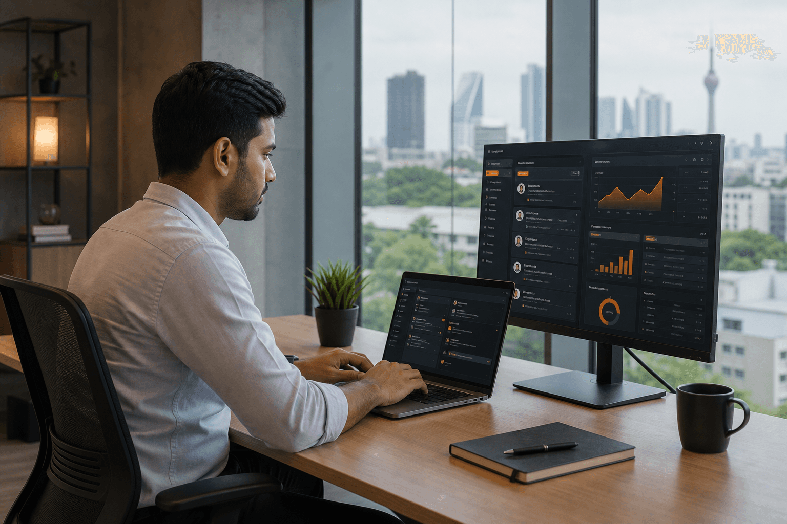 Professional using AI-assisted edits and prediction dashboards for operations software