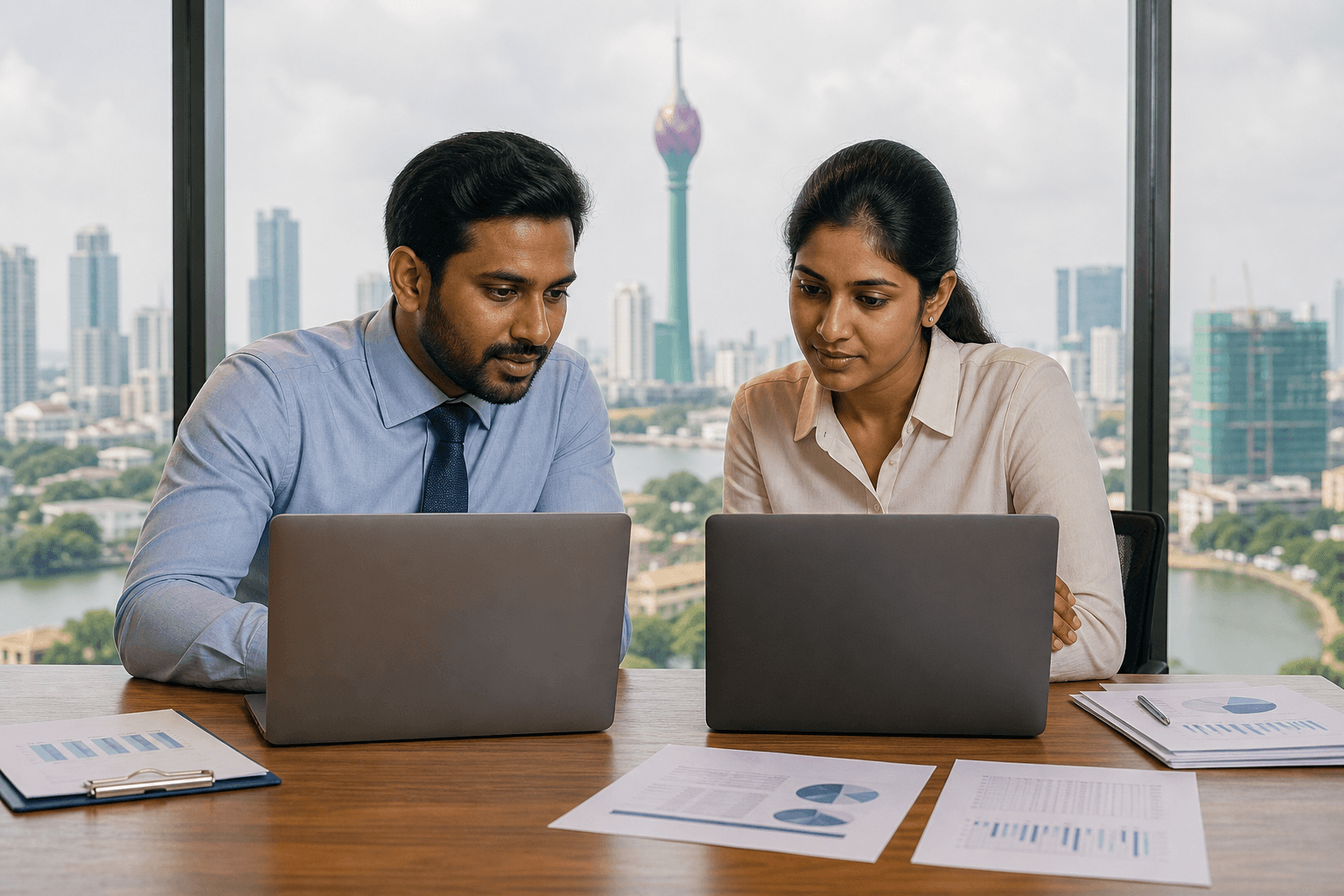 Sri Lankan business team comparing ERP options in a Colombo office with Lotus Tower skyline