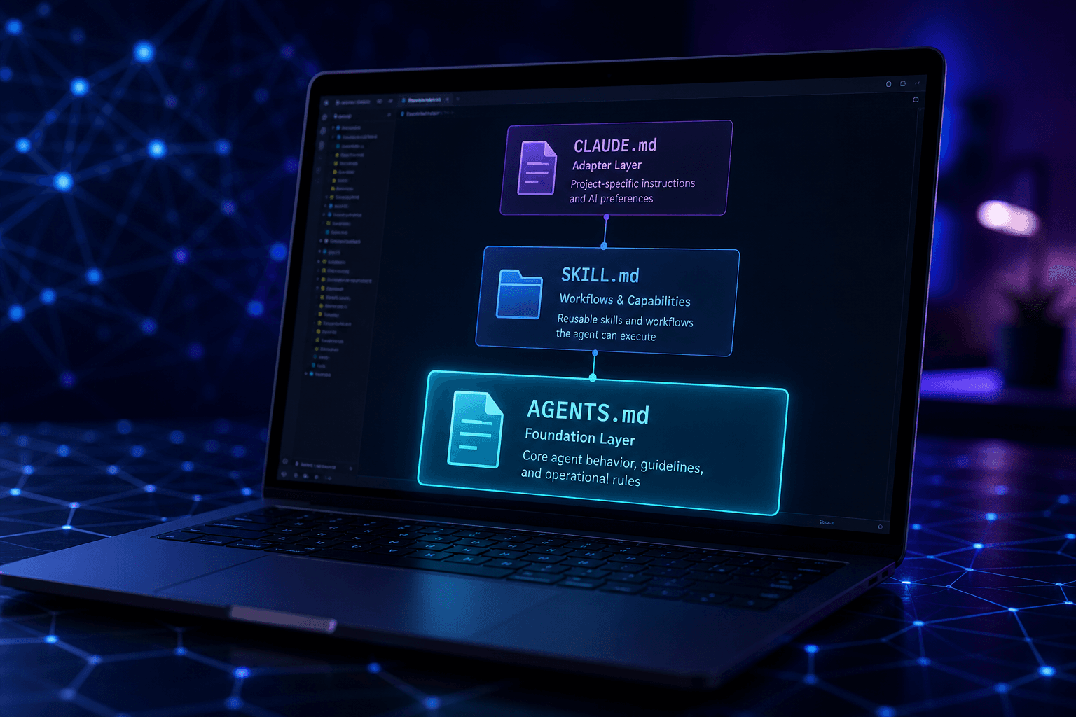 Developer workspace with code editor showing AI agent configuration files