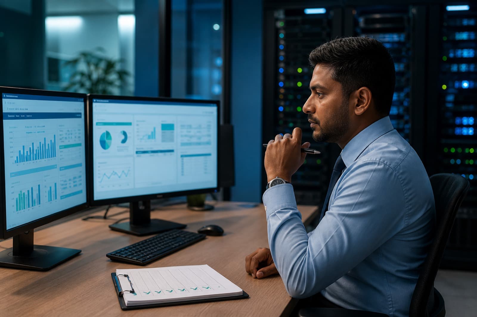 Finance manager reviewing cloud ERP screens and a data-protection checklist in a secure office