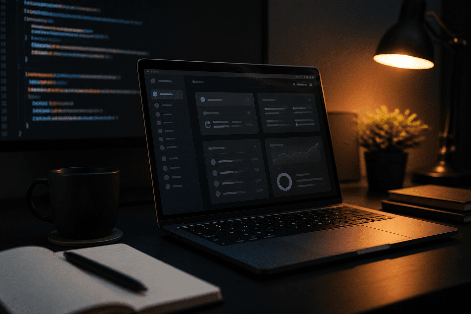 Laptop on a dark desk showing a web app dashboard during production readiness review