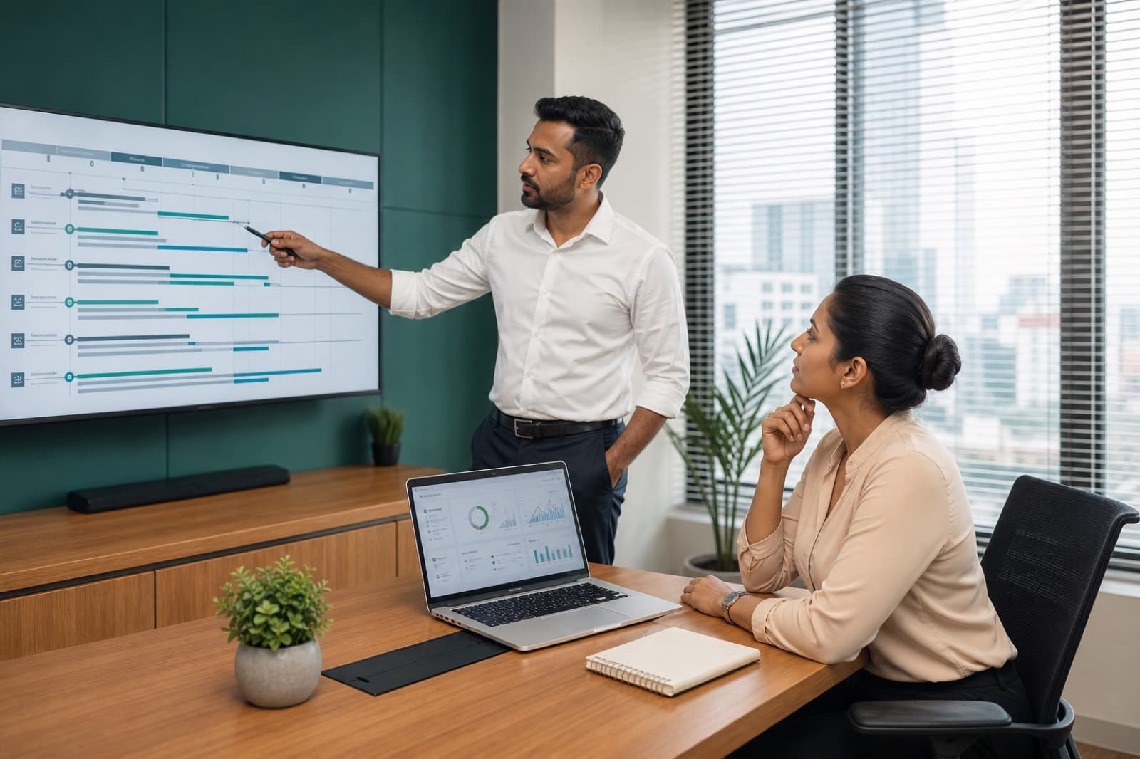 Sri Lankan business leaders reviewing a digital transformation roadmap on a monitor in a modern office