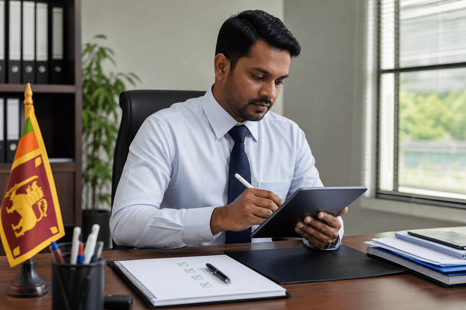 Professional approving and e-signing a document on a tablet