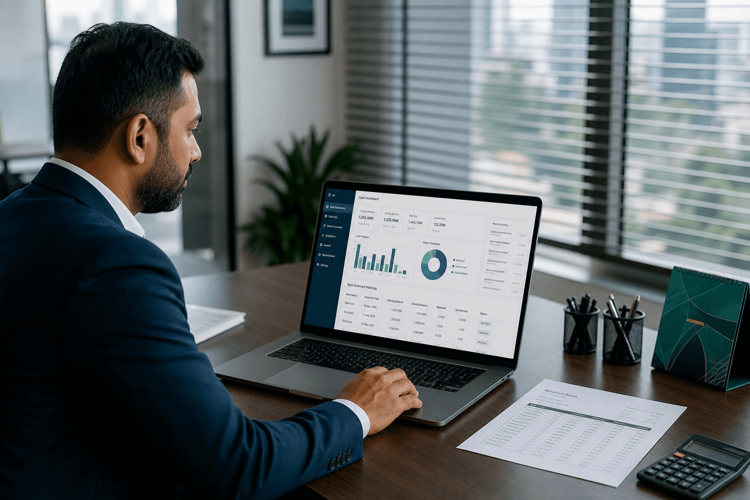 Finance professional reviewing an ERP cash dashboard with bank statement reconciliation on a laptop