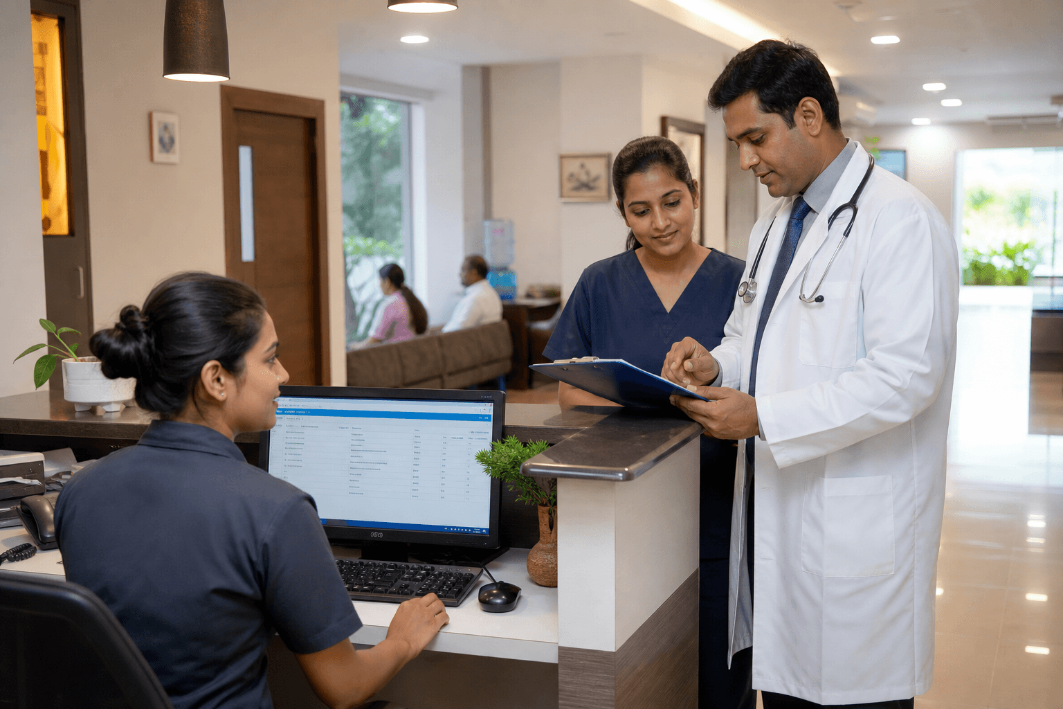 Small starting hospital reception desk and clinical staff coordinating with digital HMS tools