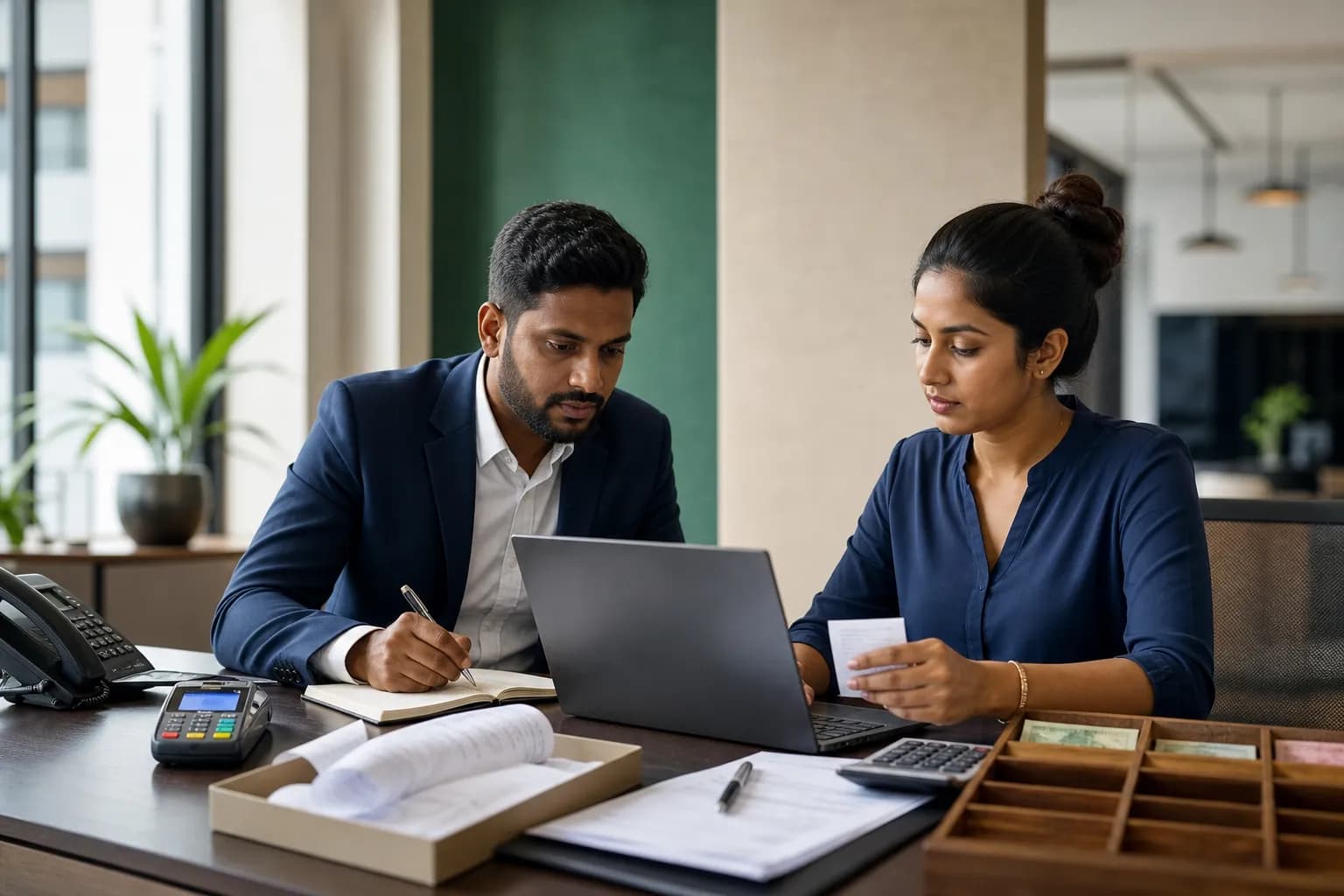 Sri Lankan hotel finance manager matching card QR cash and transfer receipts to guest bookings