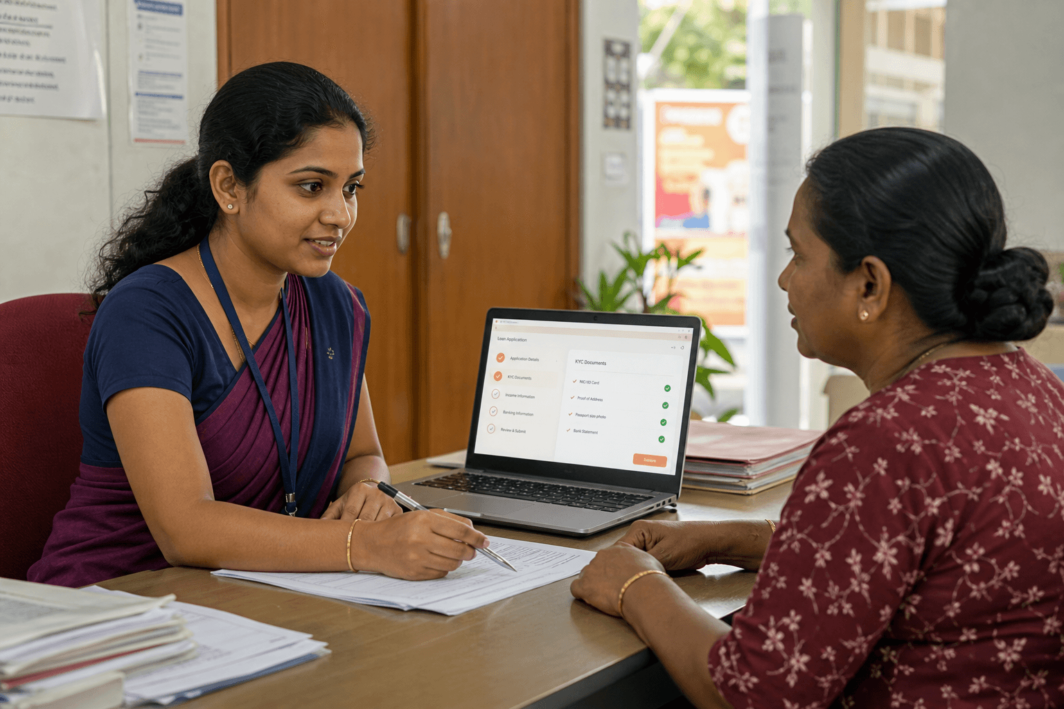 Microfinance officer reviewing loan origination on a laptop in a Sri Lankan branch