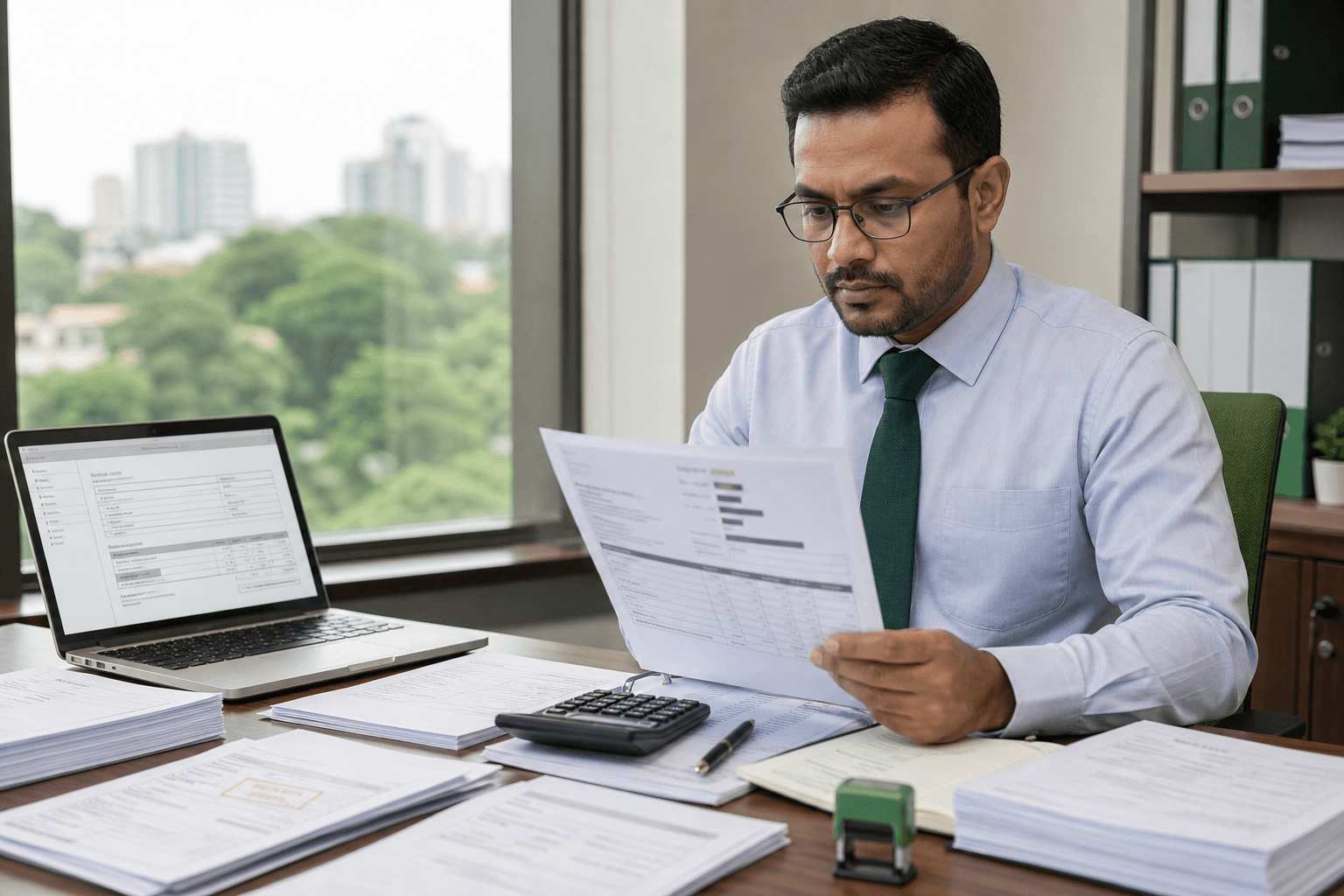 Finance professional reviewing VAT tax invoices and ERP readiness documents in Sri Lanka