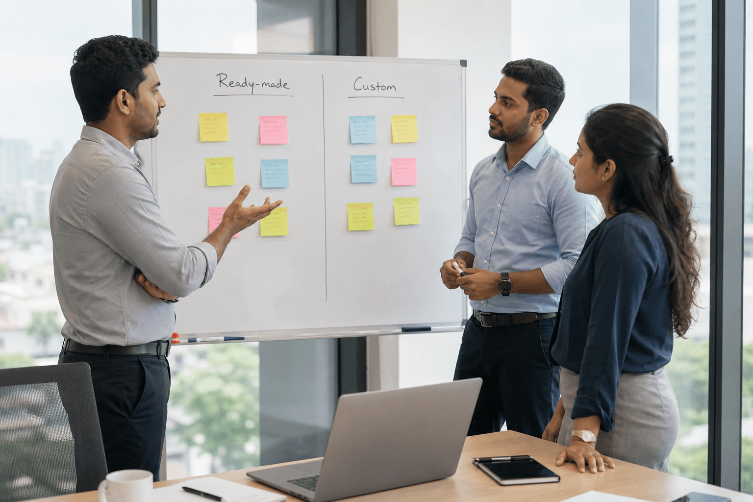 Business stakeholders comparing ready-made software products and custom build options
