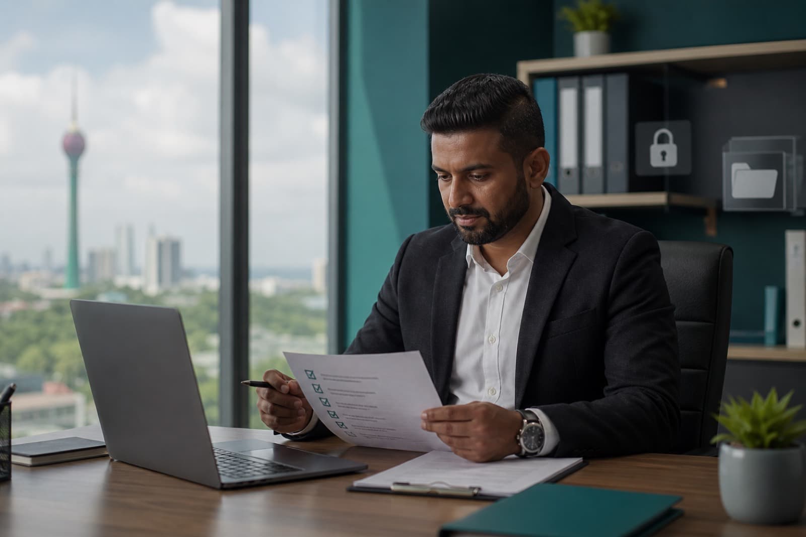 Compliance officer reviewing a Sri Lanka PDPA checklist beside a laptop in an office