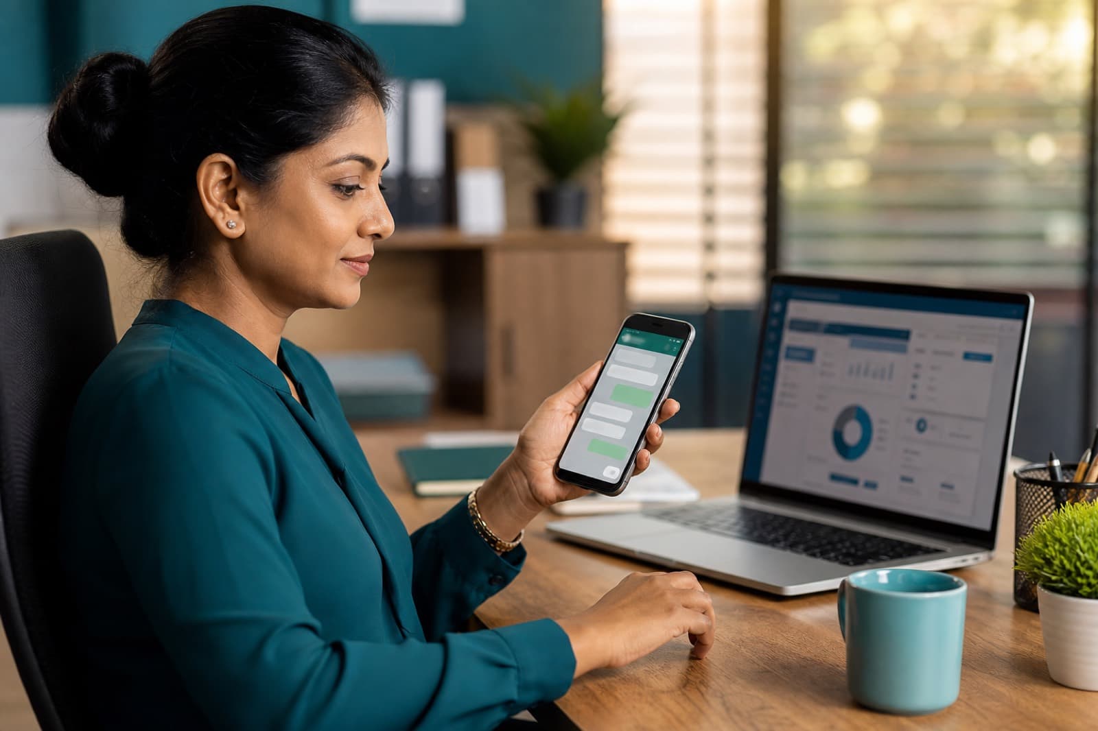 Customer service lead reviewing WhatsApp chatbot conversations and CRM data on phone and laptop