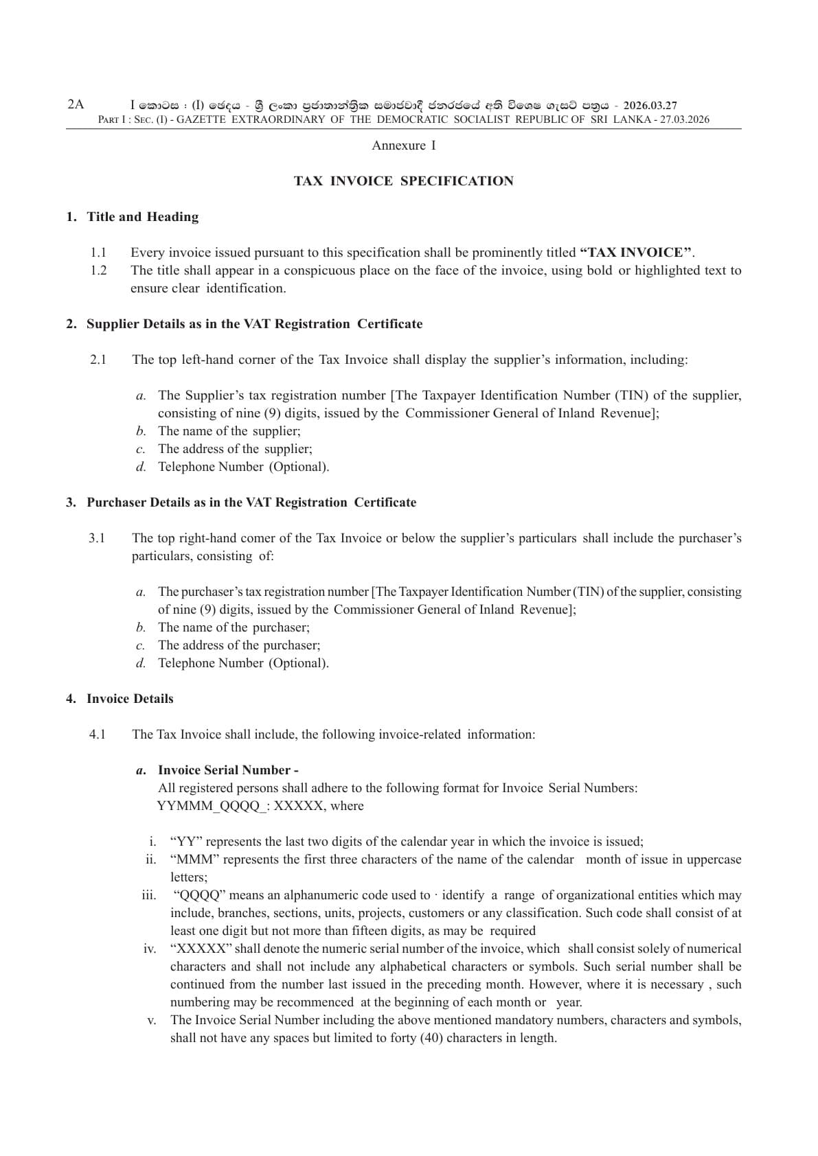 Gazette 2481/22 tax invoice specification page for invoice numbering and TIN fields