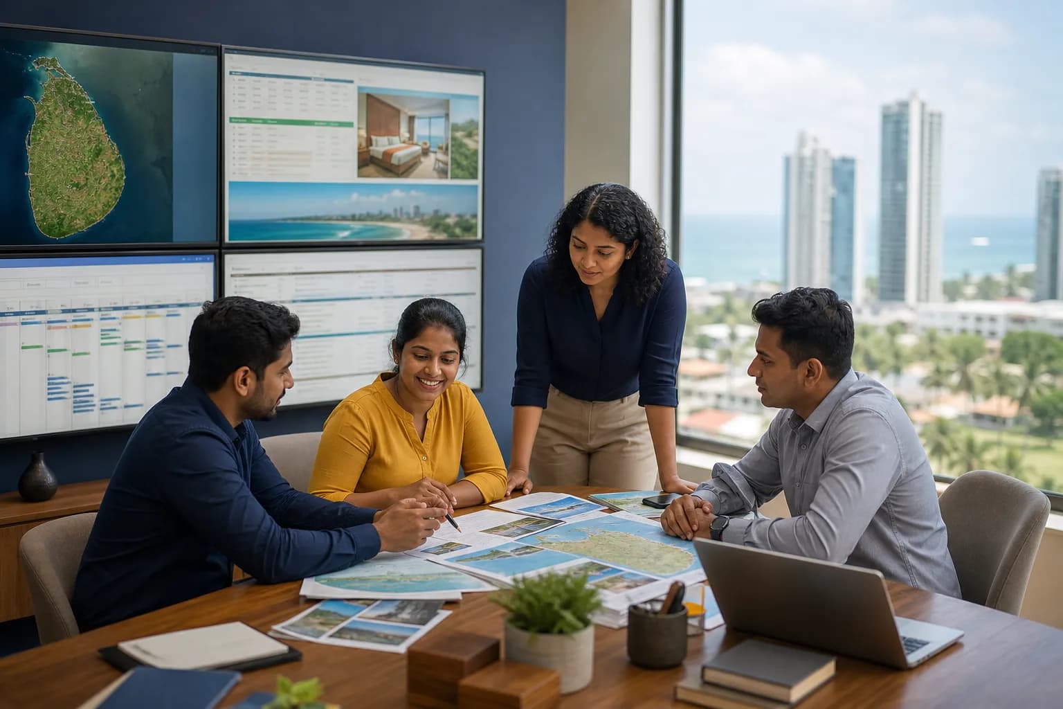 Sri Lankan tourism operations team reviewing hotel bookings and tour itineraries on a shared screen