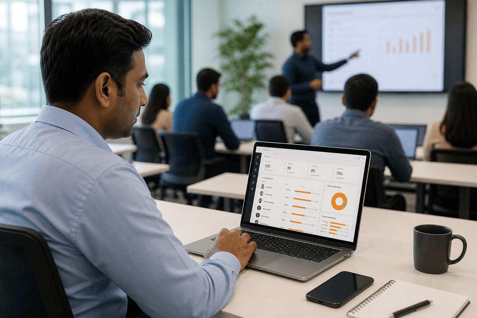 Training manager reviewing assessment scores on a corporate learning dashboard