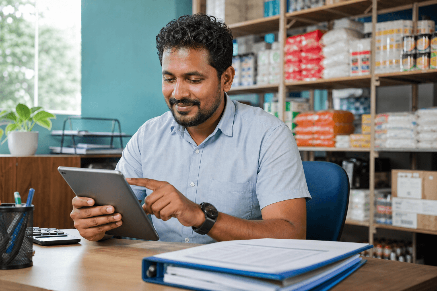 Small business owner reviewing a digitize-first checklist on a tablet in a warehouse office