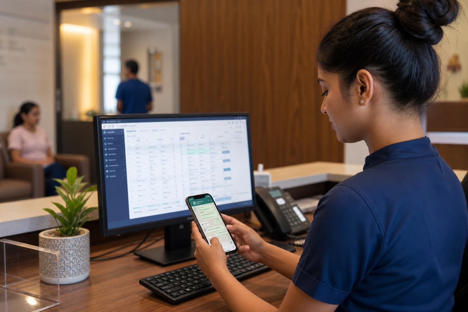 Clinic front desk using smartphone messaging beside a hospital management system