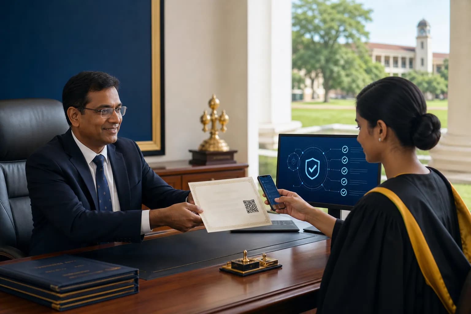 Sri Lankan campus administrator issuing a certificate with QR verification through Capricon Flow