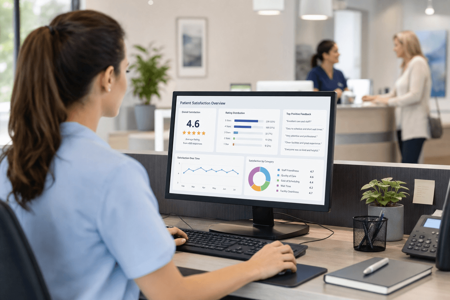 Clinic administrator reviewing patient aftercare feedback scores on a dashboard
