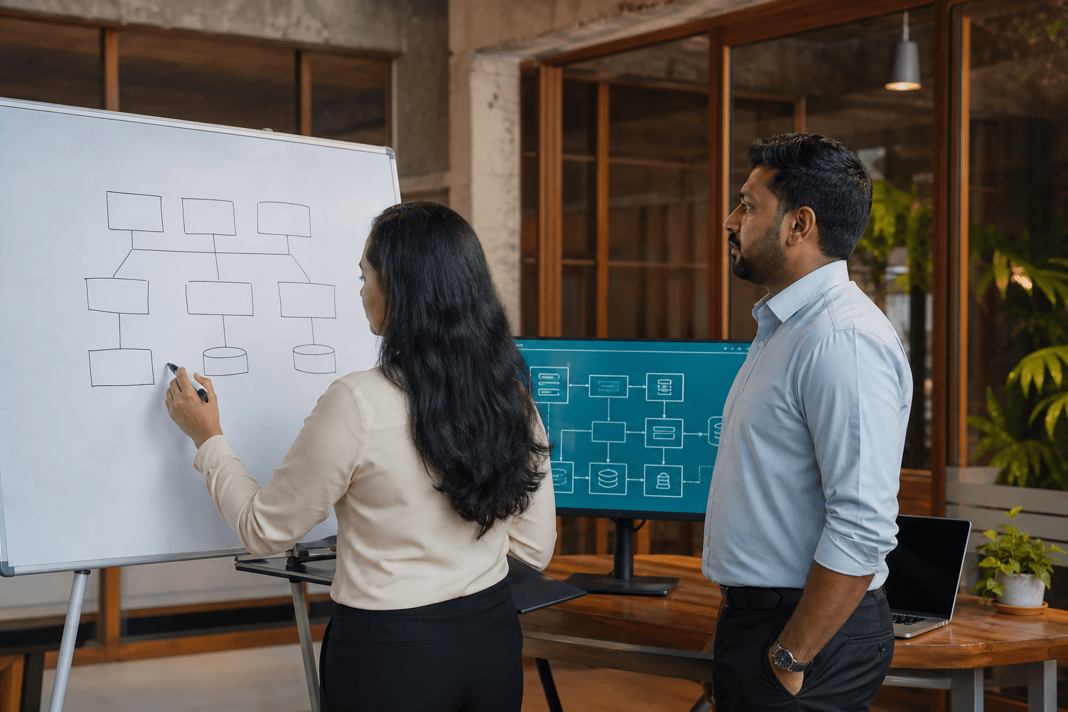 Business stakeholders reviewing build-versus-buy software options in a modern workshop