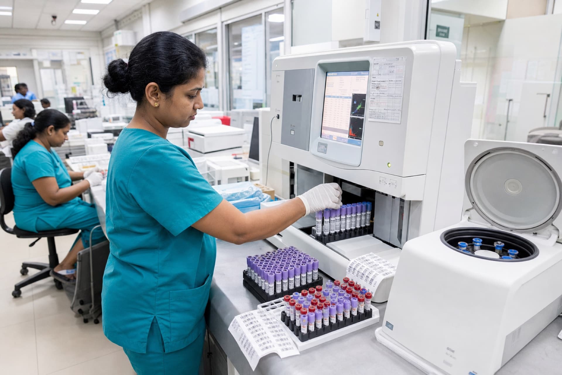Laboratory staff processing FBC samples during dengue surge in Sri Lanka