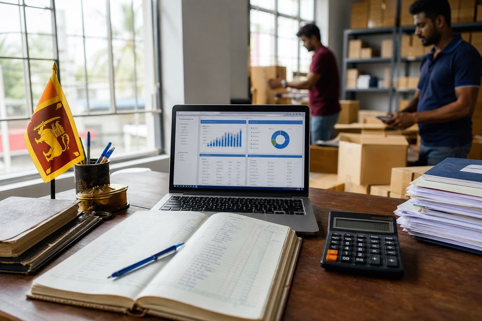 Finance desk with accounting records and warehouse context for SME ERP upgrade