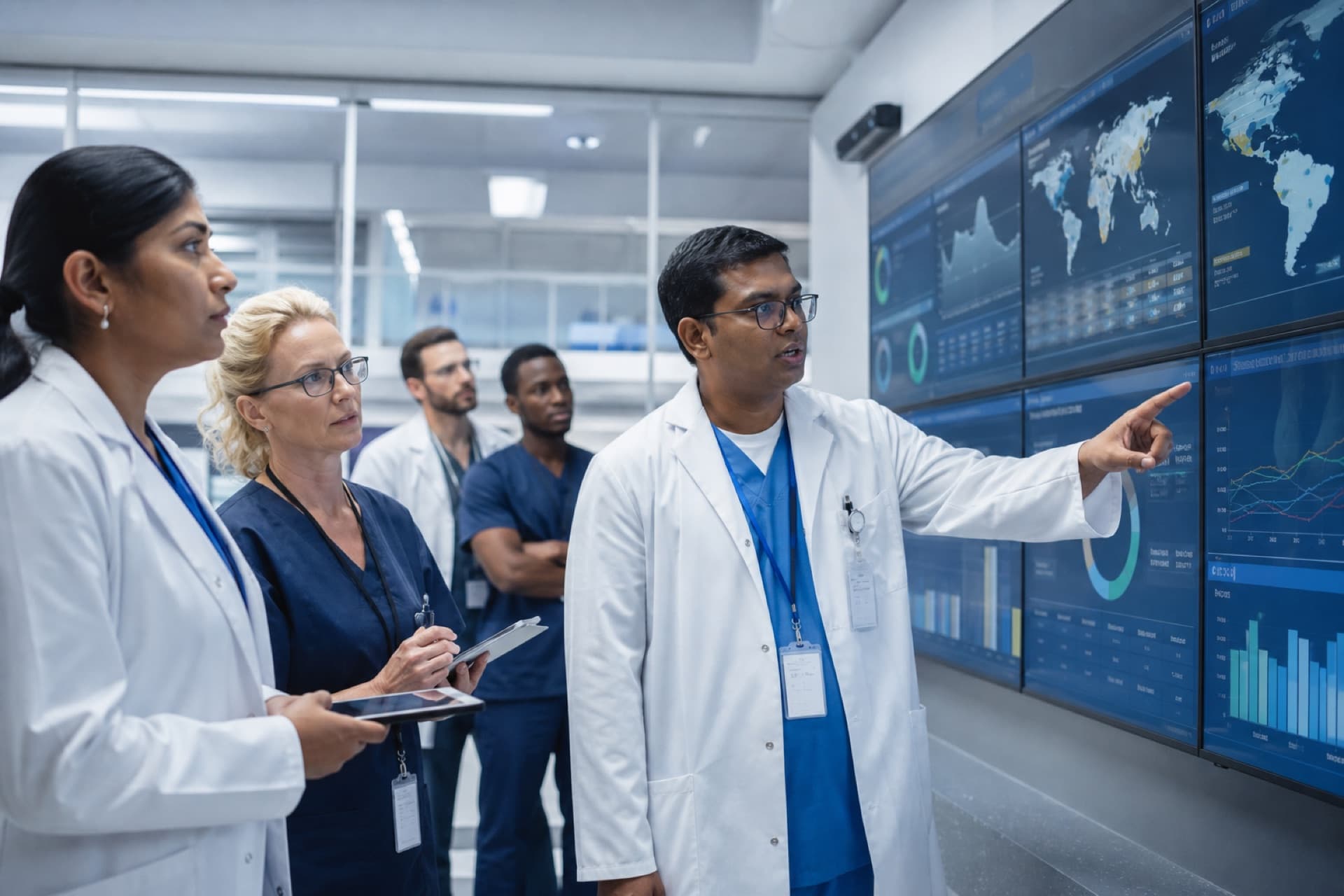 Hospital clinicians reviewing real-time infectious disease dashboards