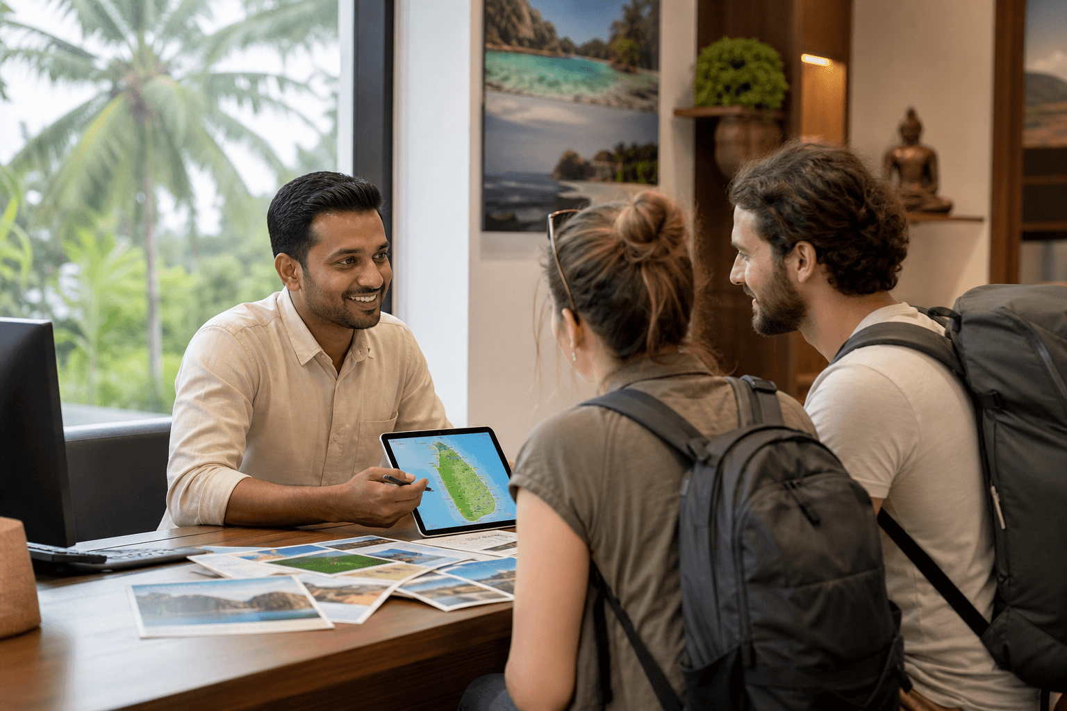 Inbound tour advisor planning Sri Lanka itineraries with travellers in a DMC office