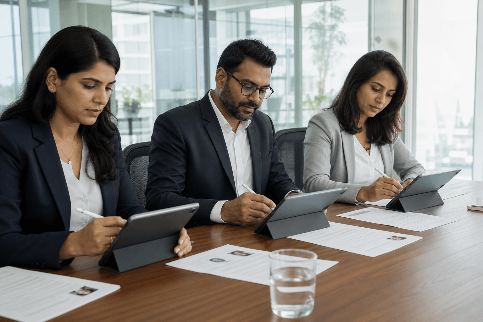 Hiring panel completing structured interview scorecards in an ATS