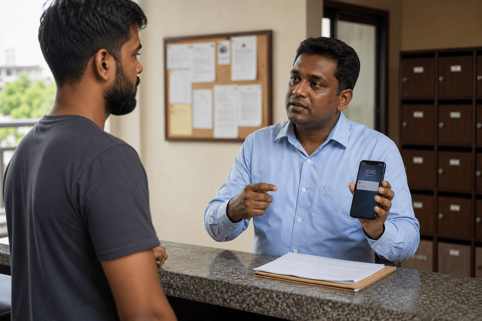 Property manager speaking with a tenant in a building lobby