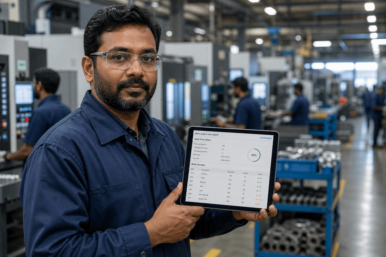 Manufacturing supervisor checking shop-floor production status on an ERP tablet