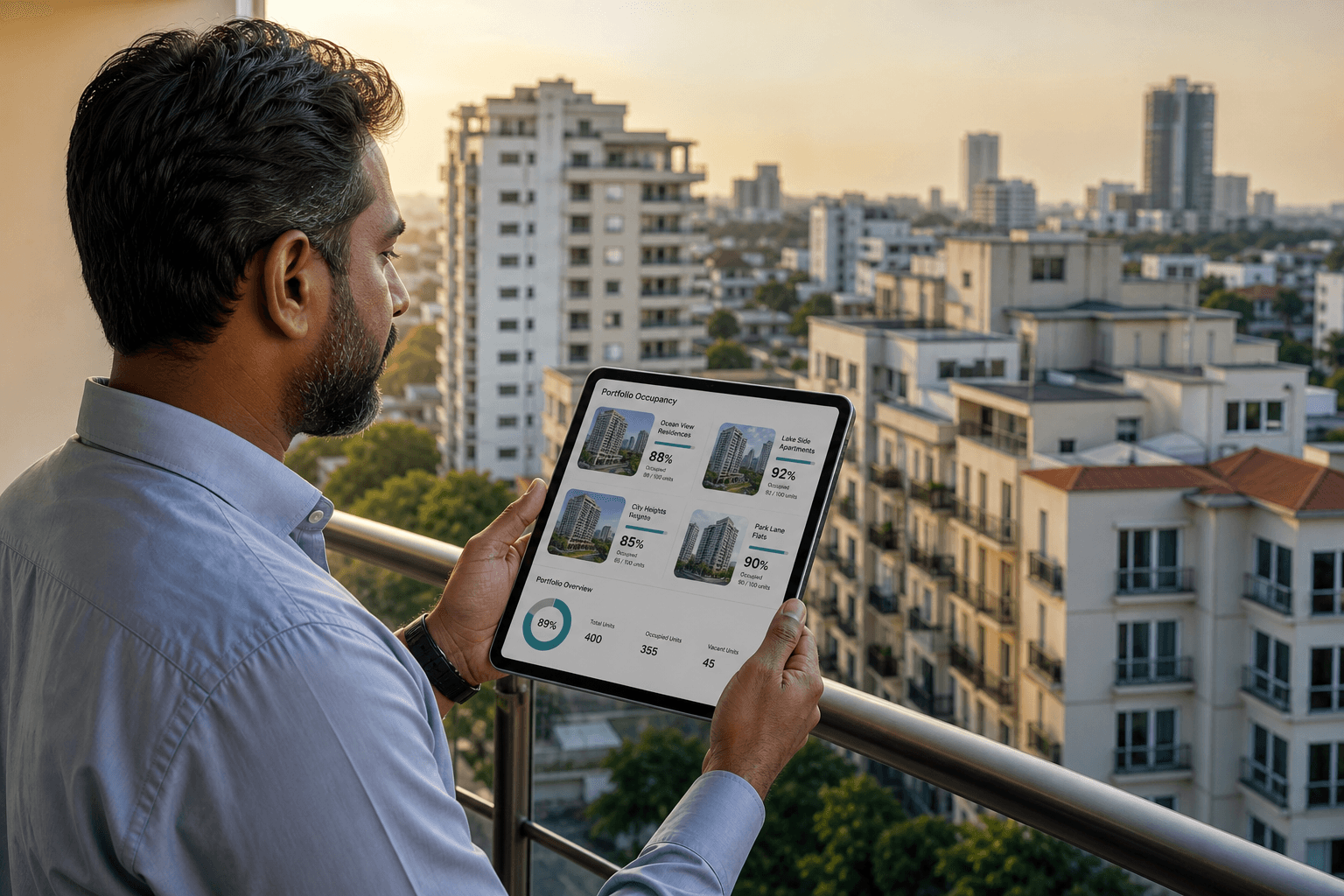 Property manager overseeing multiple apartment buildings on a portfolio dashboard
