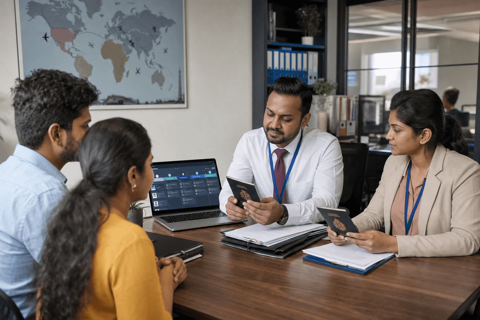 Manpower agency consultants reviewing overseas candidate files and recruitment pipelines