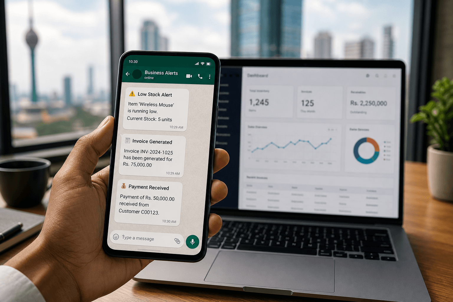 Smartphone showing WhatsApp business alerts beside an ERP operations screen